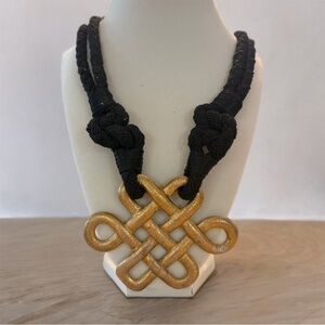 Vintage Rhea Black Rope Knot Statement Necklace Gold Infinity Pendant 80s